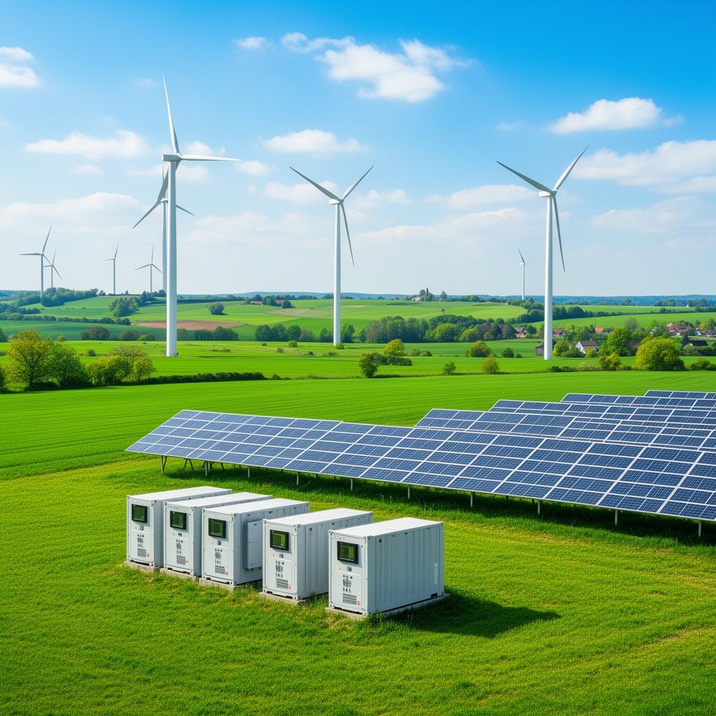Solar panels and wind turbines in green landscape